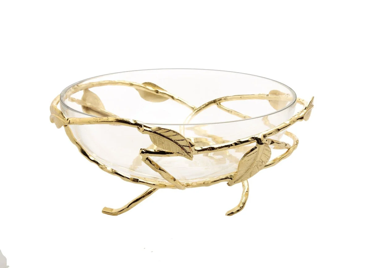 Hammered Glass Salad Bowl with Gold Brass Leaf Decoration