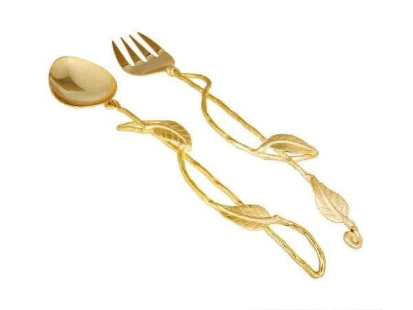 Set Of 2 Gold Salad Servers With Leaf Design - 13.75"L