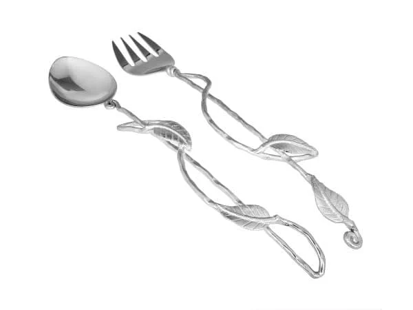 Set Of 2 Nickel Salad Servers With Leaf Design - 13.75"L