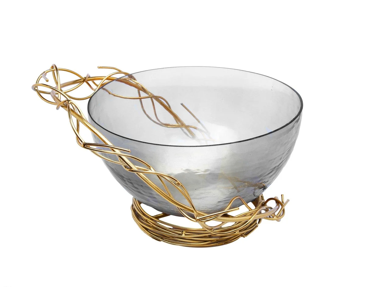 Smoked Glass Salad Bowl with Gold Twig Design