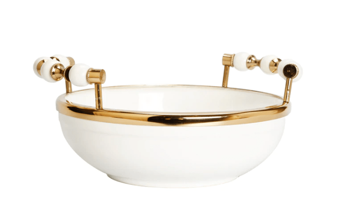 White Round Bowl with Two Gold and White Beaded Design Handles 10"D
