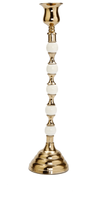 Gold Candle Holder White and Gold Beaded Stem - Tall
