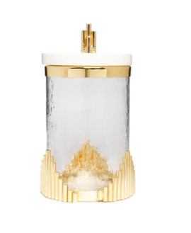Large Glass Canister with Marble Lid and Symmetrical Gold Design