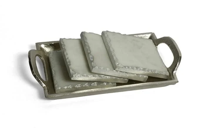 Set of 4 Marble Coasters with Tray - Silver