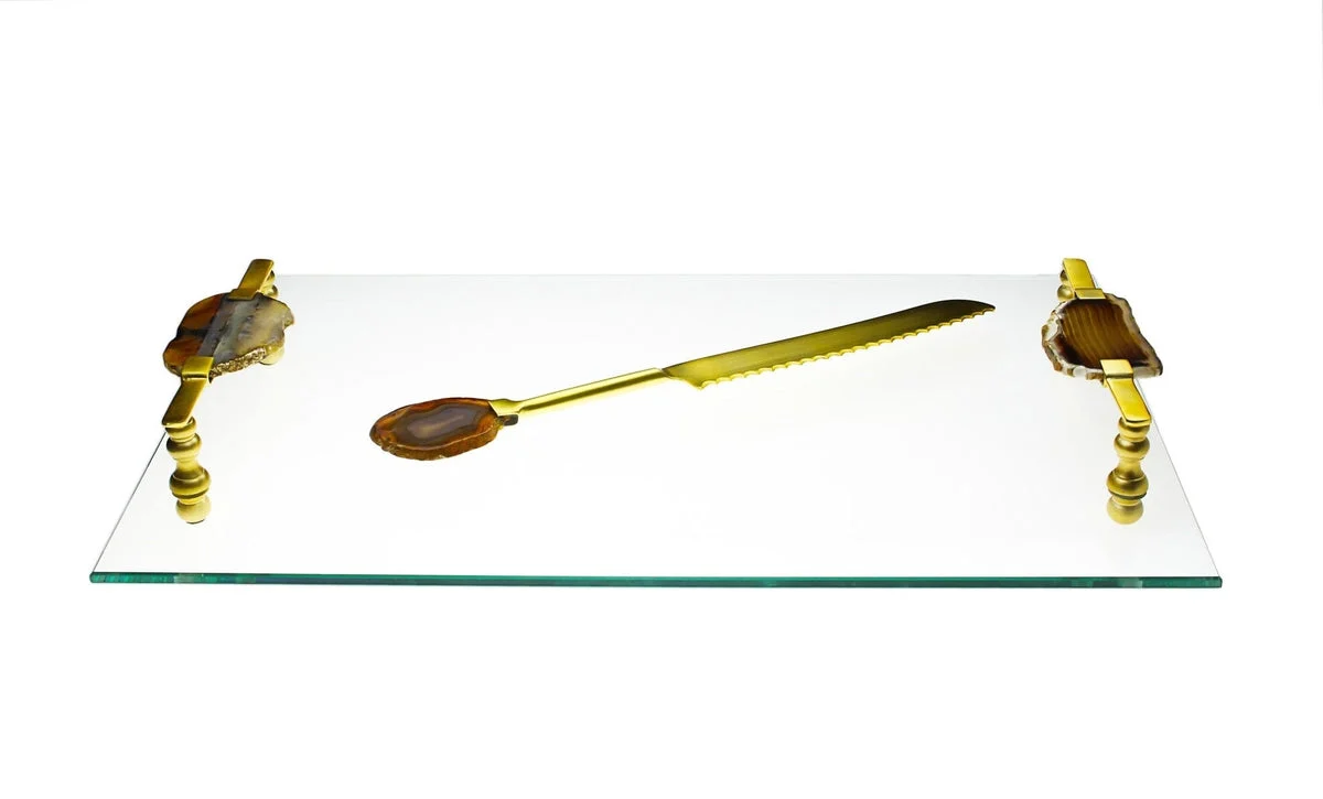 Glass Challah/Cheese Board with Agate Stone Handles and knife