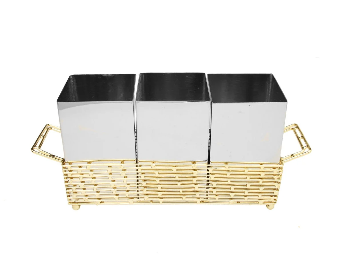 Gold Brick Design Cutlery Holder with Hammered Stainless Inserts