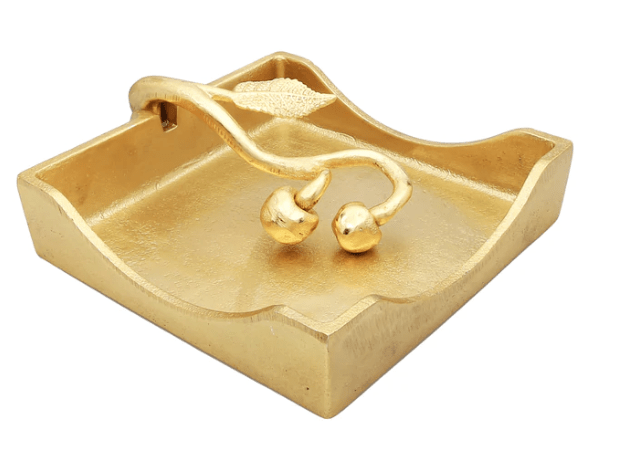 Gold Square Napkin Holder with Leaf Shaped Tongue