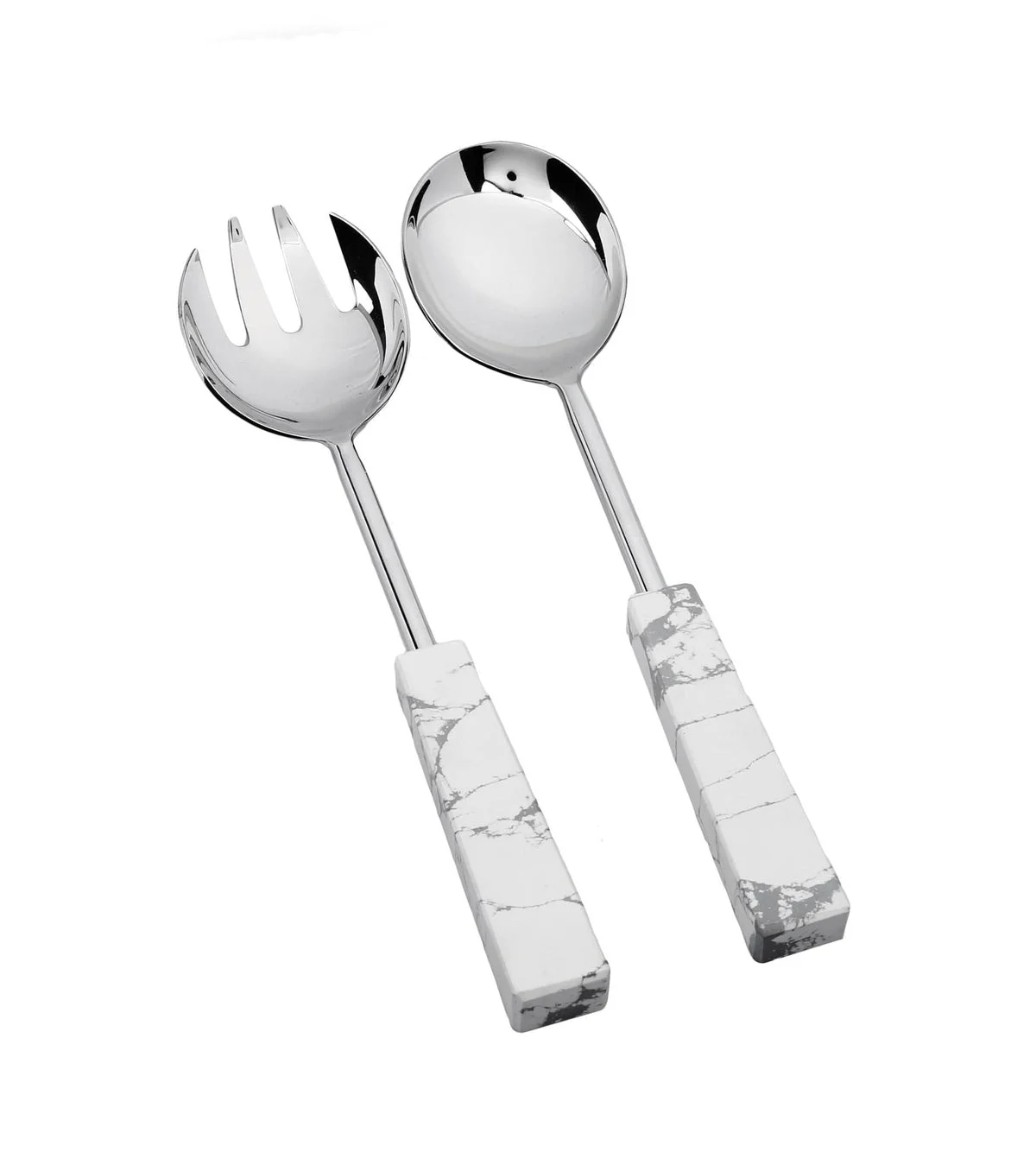 Set of 2 Stainless Steel Salad Servers with White and Grey Stone Handles