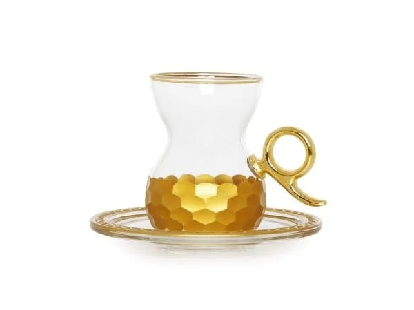 Set of 6 Tea Glasses with Handle and Saucers with Gold Hammered Design