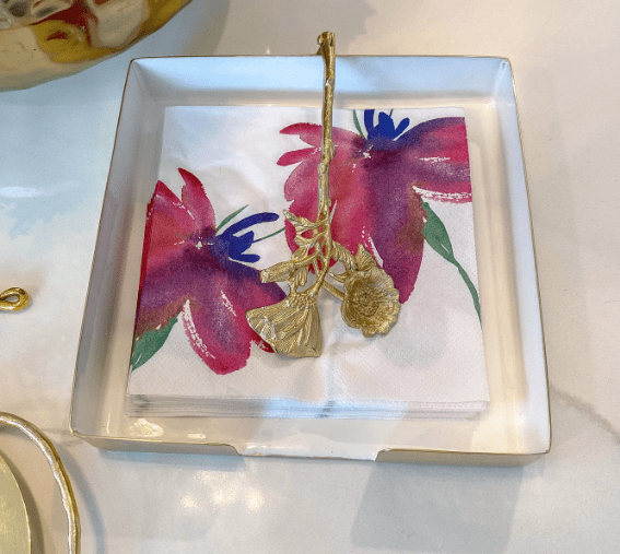 White and Gold Square Napkin Holder with Gold Flower Design