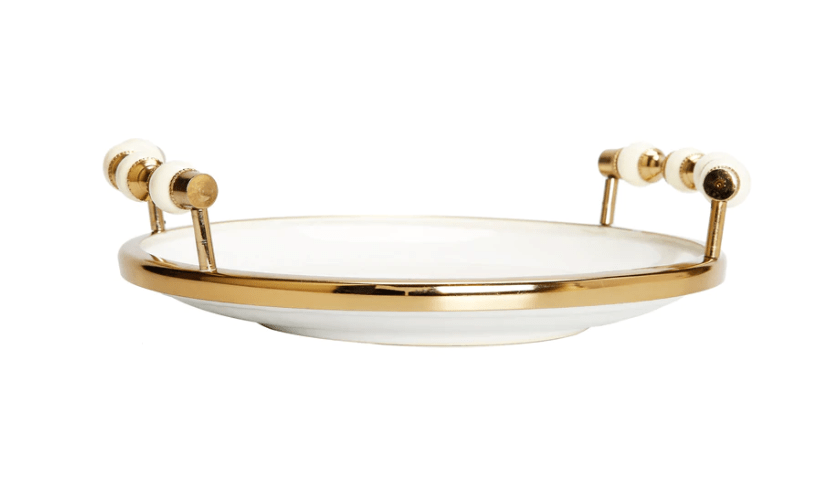 White Flat Round Plate with Gold and White Beaded Design