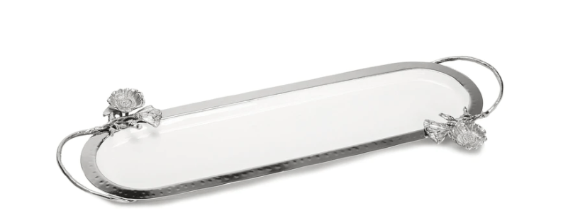 White Oval Tray with Silver Flower Detail