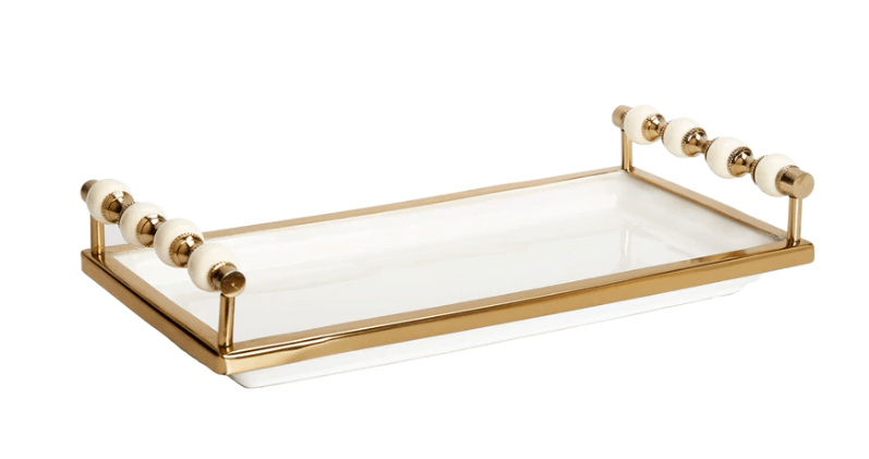 White Rectangular Tray with White and Gold beaded Handles