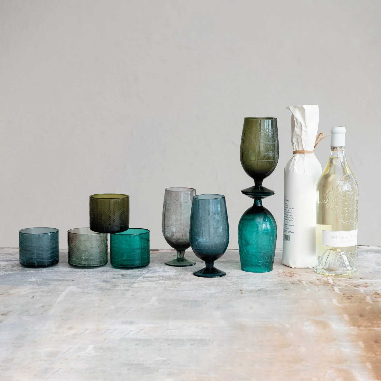 Hand-Blown Etched Recycled Stemmed Drinking Glass