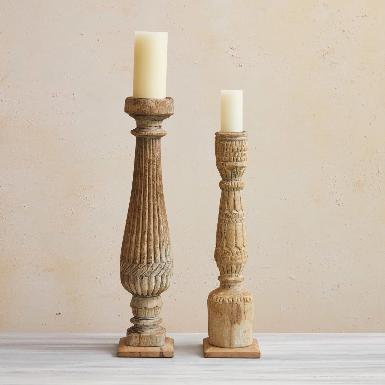 Carved Mango Wood Pillar Holder