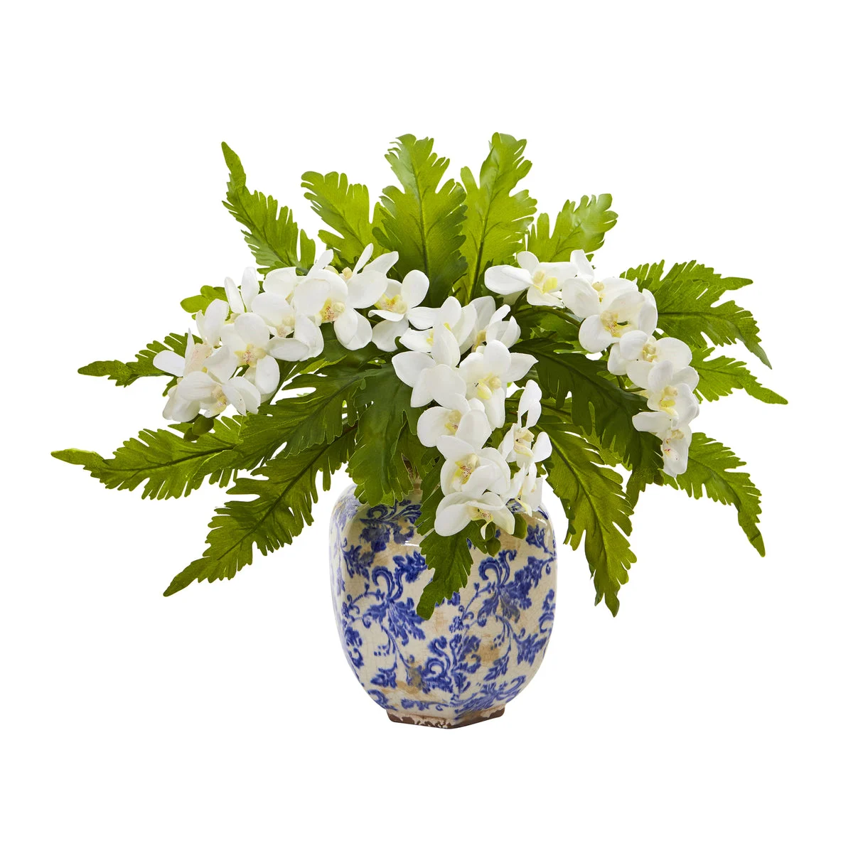Nearly Natural 15`` Phalaenopsis Orchid and Fern Artificial Plant in Vase