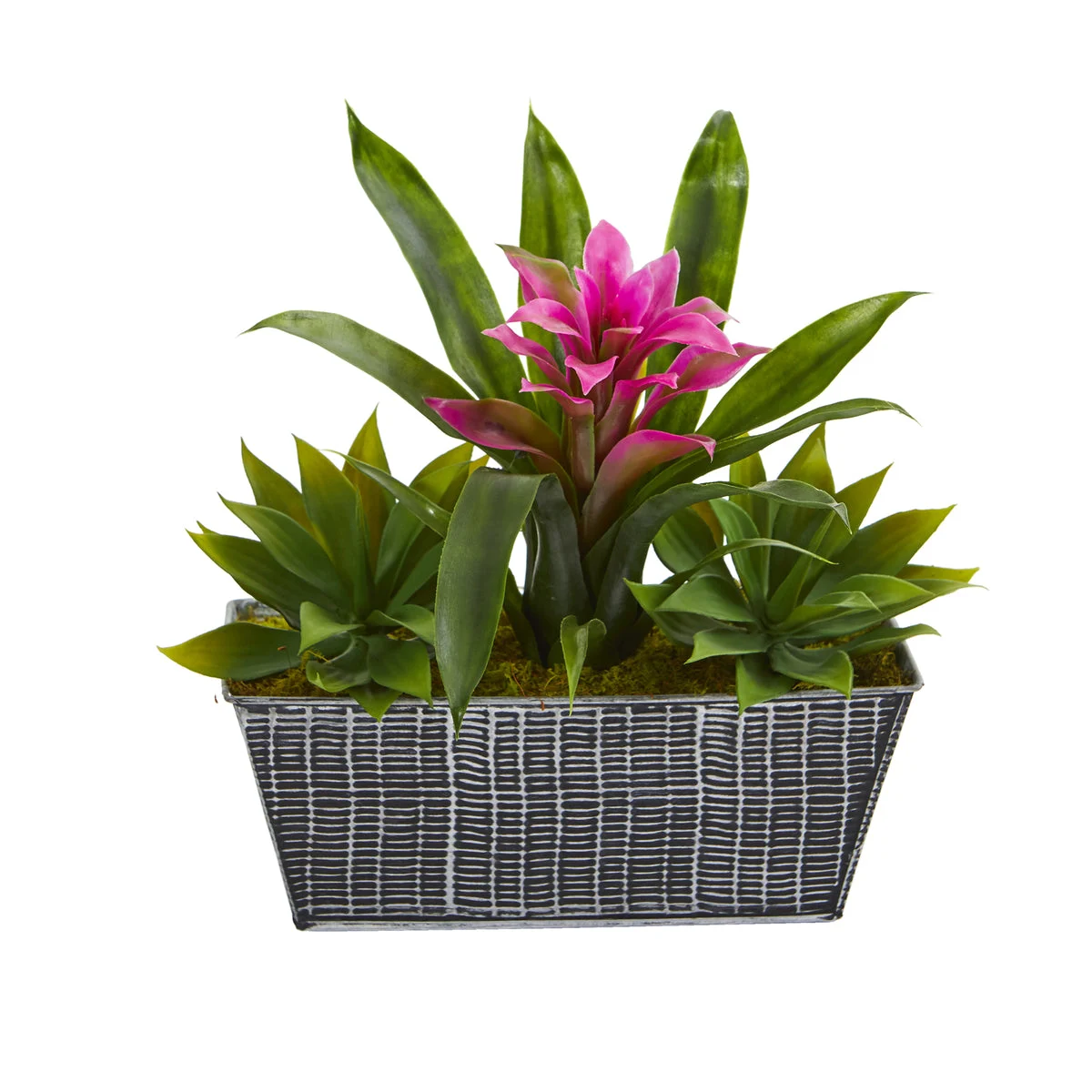 Nearly Natural 11`` Bromeliad and Agave Artificial Plant in Embossed Tin Planter