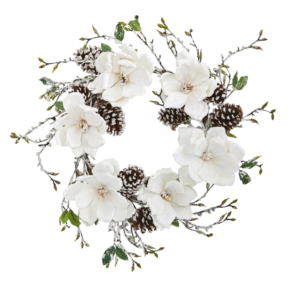Nearly Natural 4185 24" Snowed Magnolia/Pine Cone Wreath