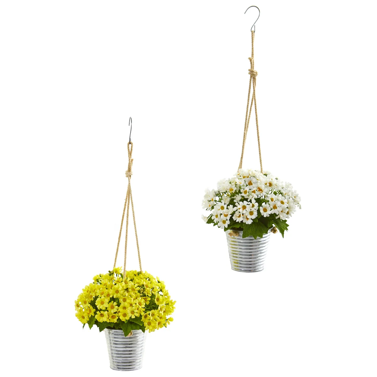 Nearly Natural 24`` Daisy Artificial Arrangement in Hanging Bucket (Set of 2)