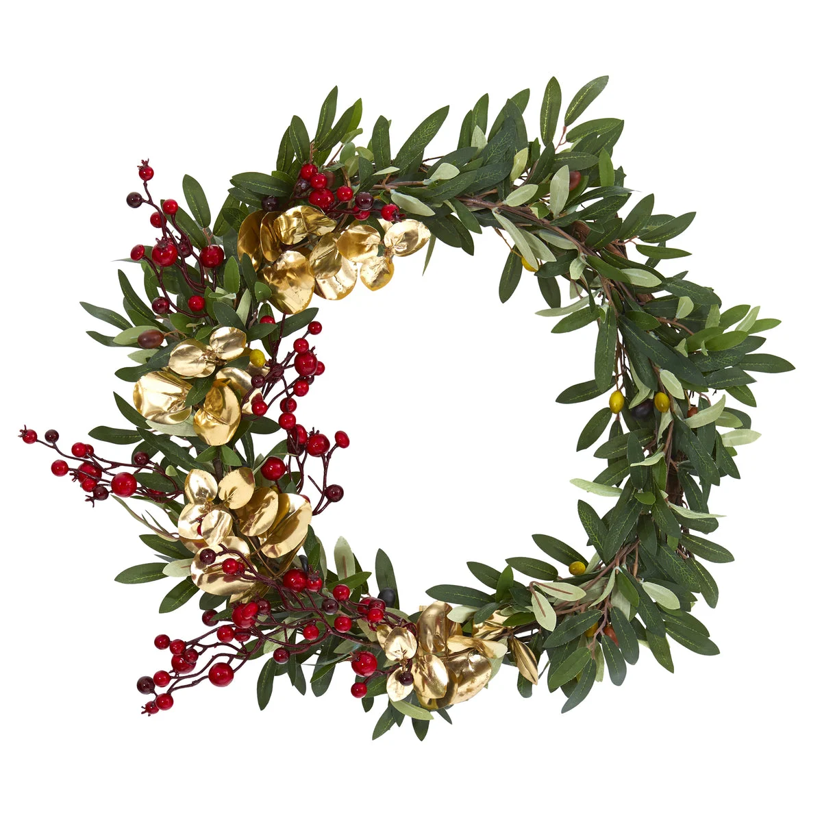 Nearly Natural 4410 21" Artificial Olive, Berries & Gold Eucalyptus Wreath, Multicolor