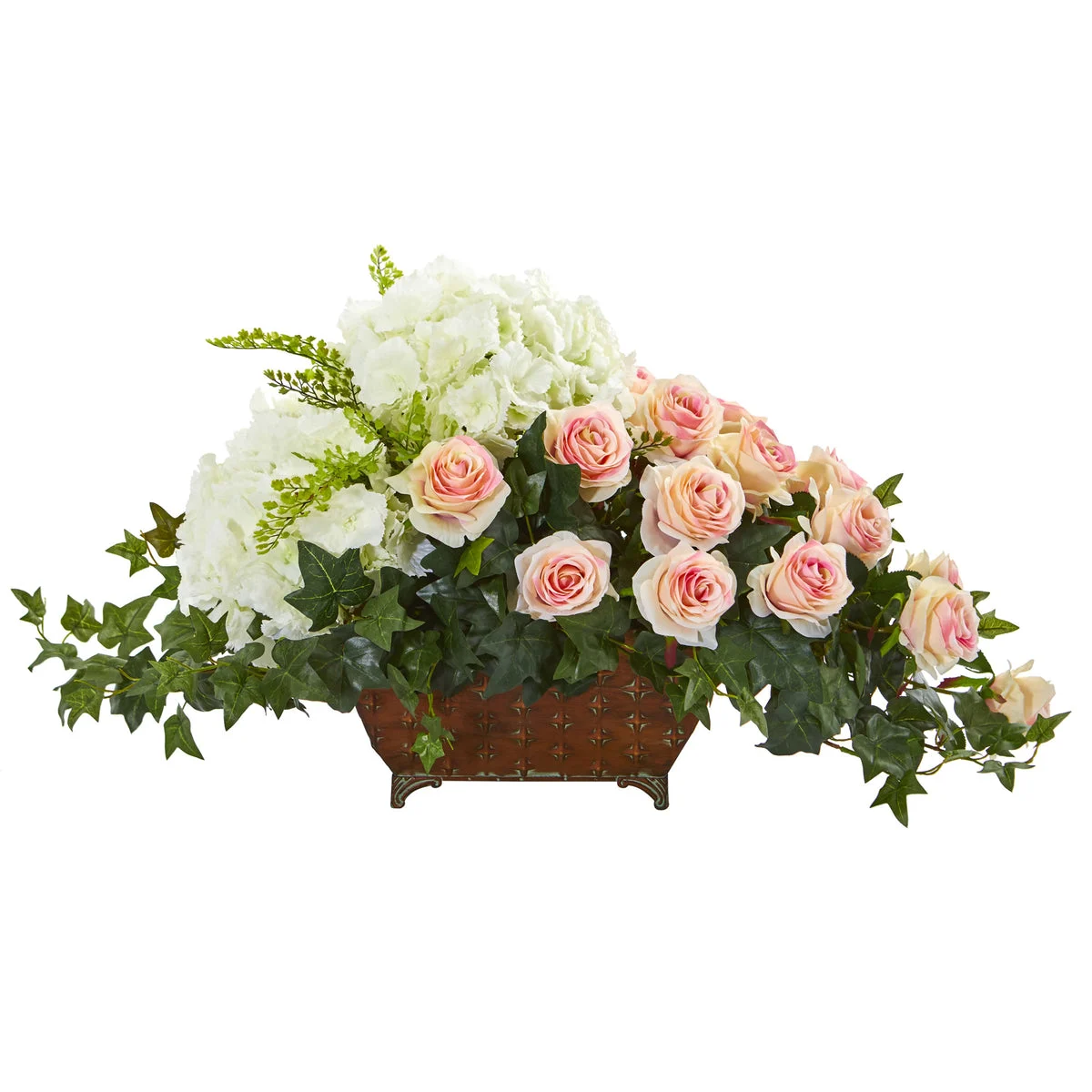 Nearly Natural Hydrangea & Rose Artificial Arrangement in Metal Planter