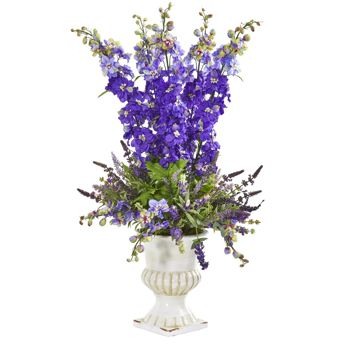 Nearly Natural 34`` Delphinium and Lavender Artificial Arrangement in White Urn