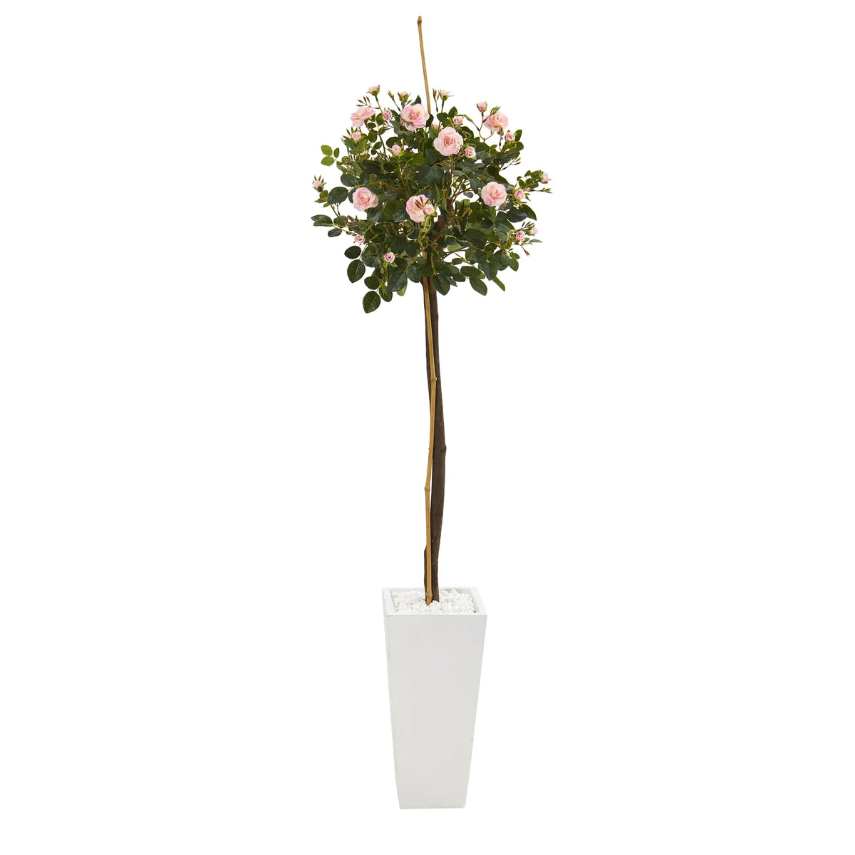 Nearly Natural 9976 5' Artificial Green & Pink Rose Topiary Tree in White Planter