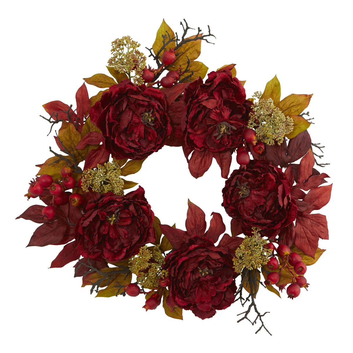 Nearly Natural 4171 24" Artificial Red Peony Sedum Wreath