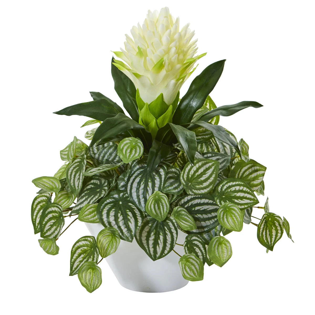 Nearly Natural 18`` Bromeliad & Peperomia Artificial Plant in White Bowl