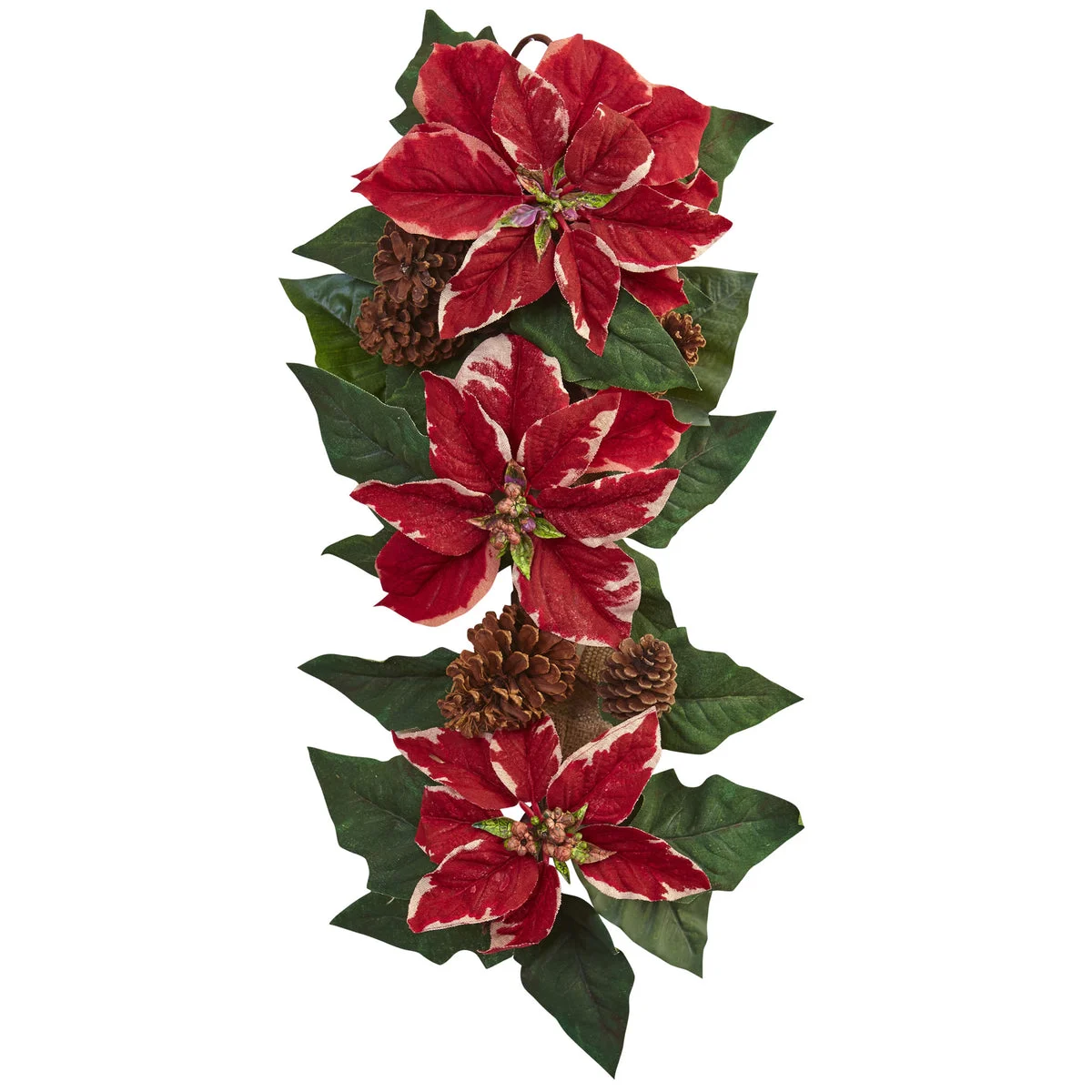 Nearly Natural 4872 25" Artificial Green & Red Poinsettia, Pine Cone & Burlap Teardrop