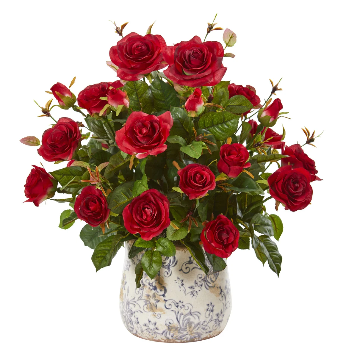 Nearly Natural 21`` Garden Rose Artificial Plant in Decorative Vase