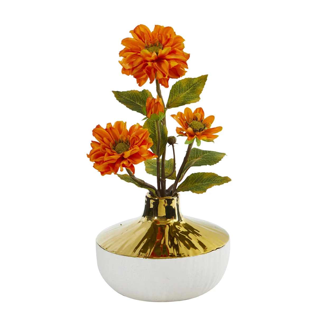 Nearly Natural 15`` Zinnia Artificial Arrangement in Gold and Cream Elegant Vase