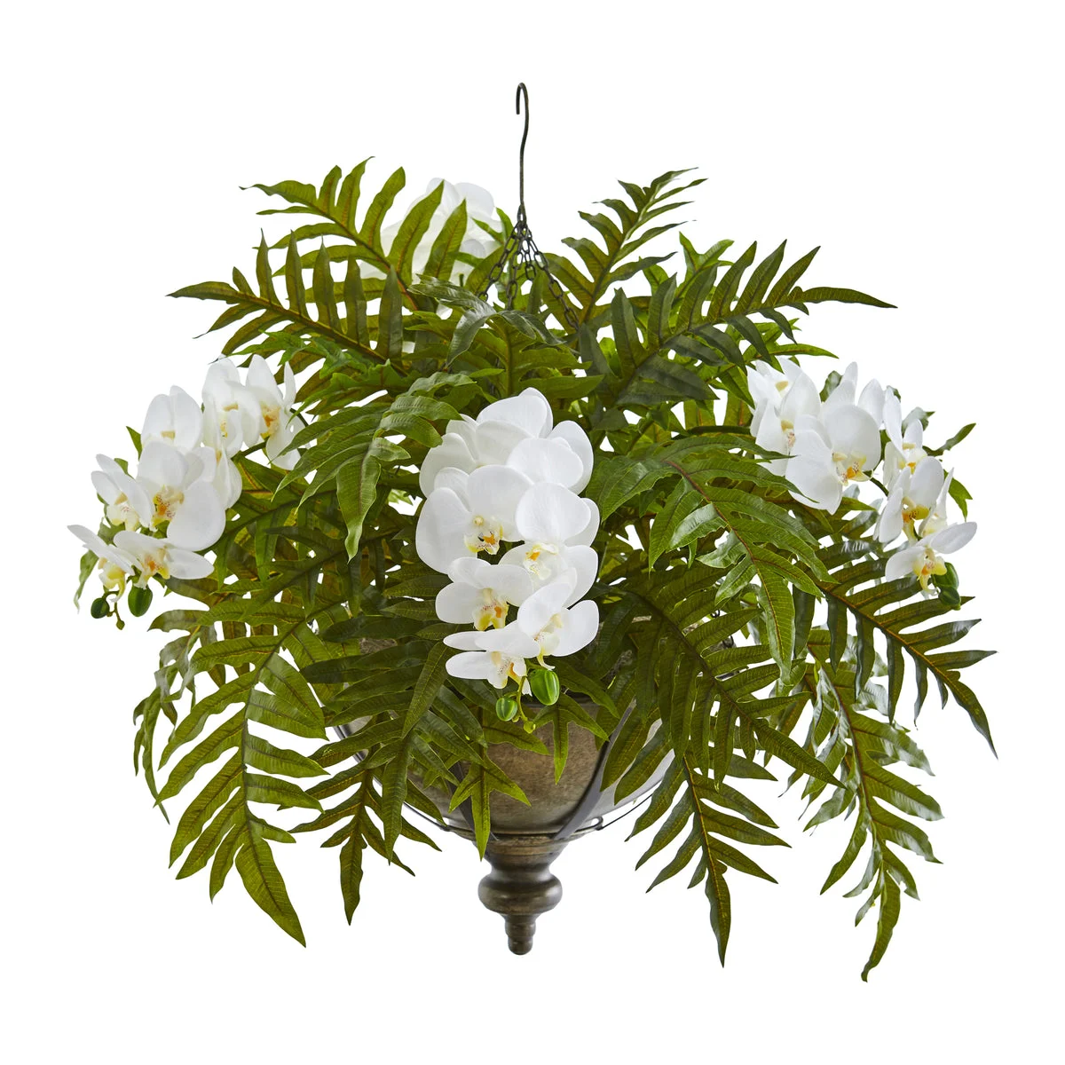 Nearly Natural Phalaenopsis Orchid and Fern Artificial Plant in Metal Hanging Bowl