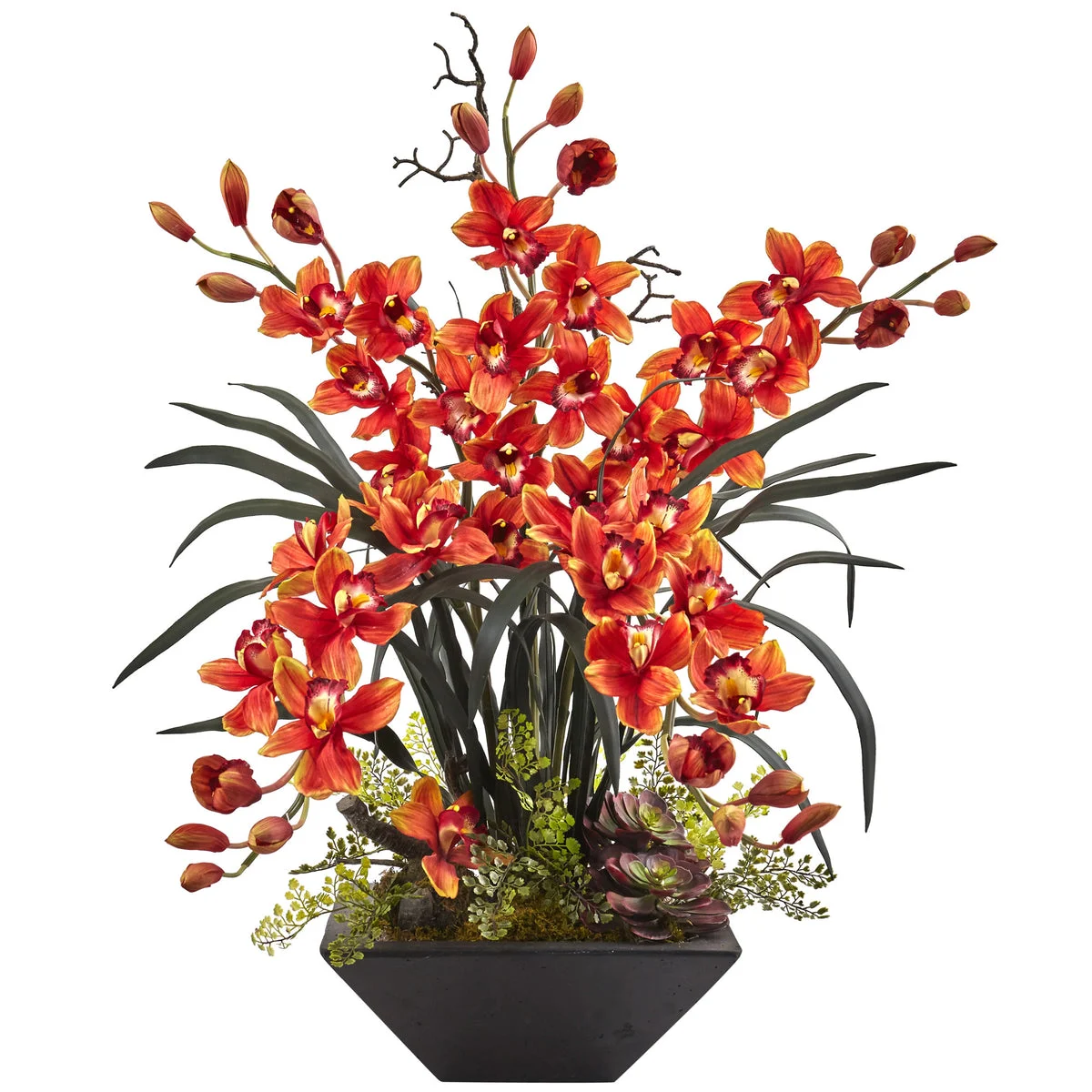 Nearly Natural Cymbidium Orchid with Black Vase