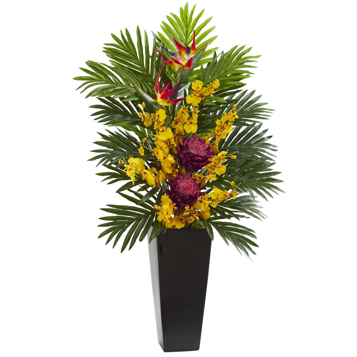 Nearly Natural Tropical Floral & Orchid Artificial Arrangement in Black Vase