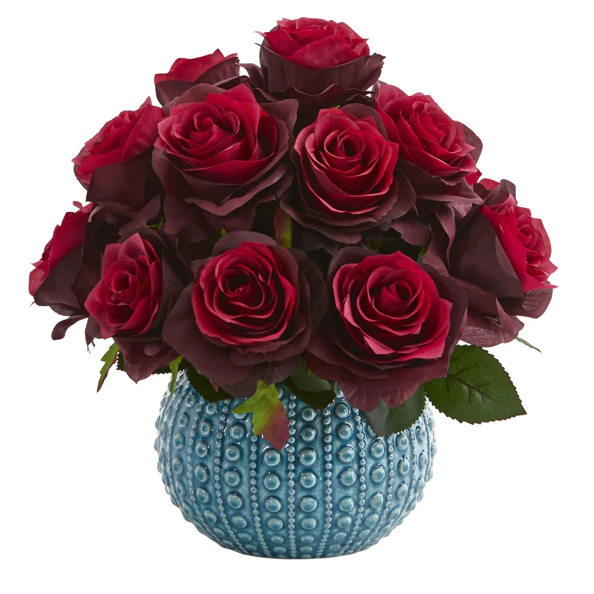 Nearly Natural 11.5 Rose Artificial Arrangement in Blue Ceramic Vase