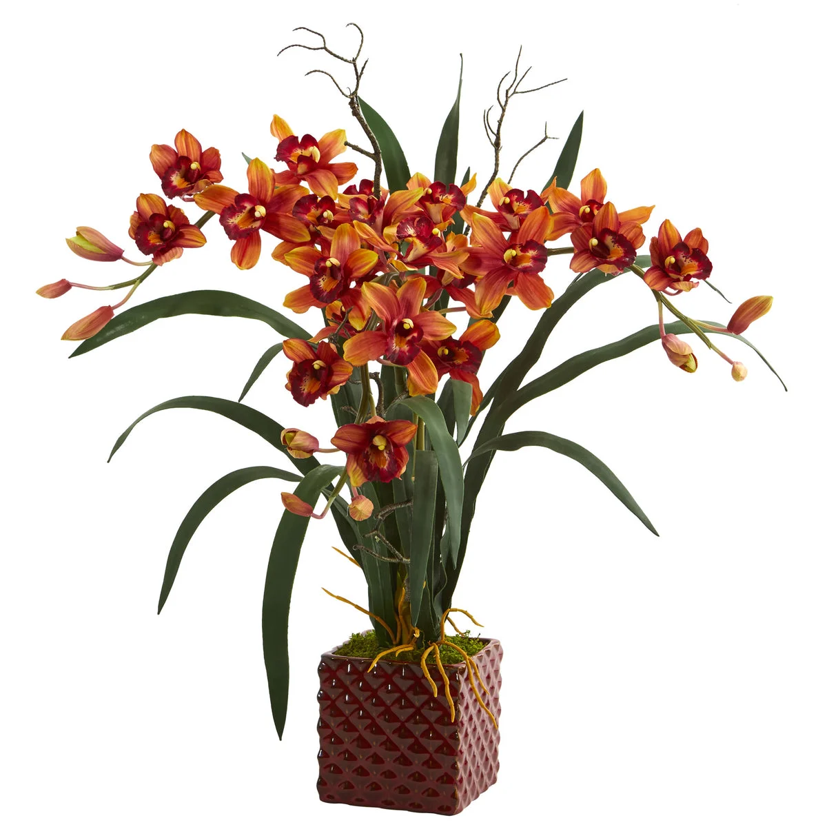 Nearly Natural 29`` Cymbidium Orchid Artificial Arrangement in Red Vase
