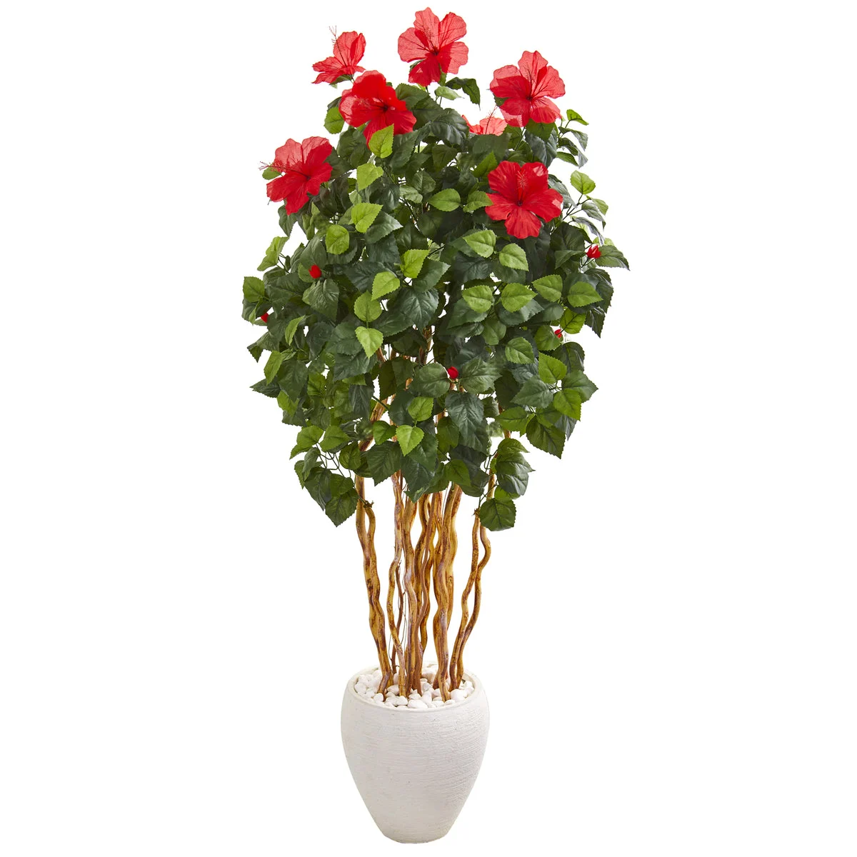 Nearly Natural 9714 63" Artificial Green & Red Hibiscus Tree in White Planter