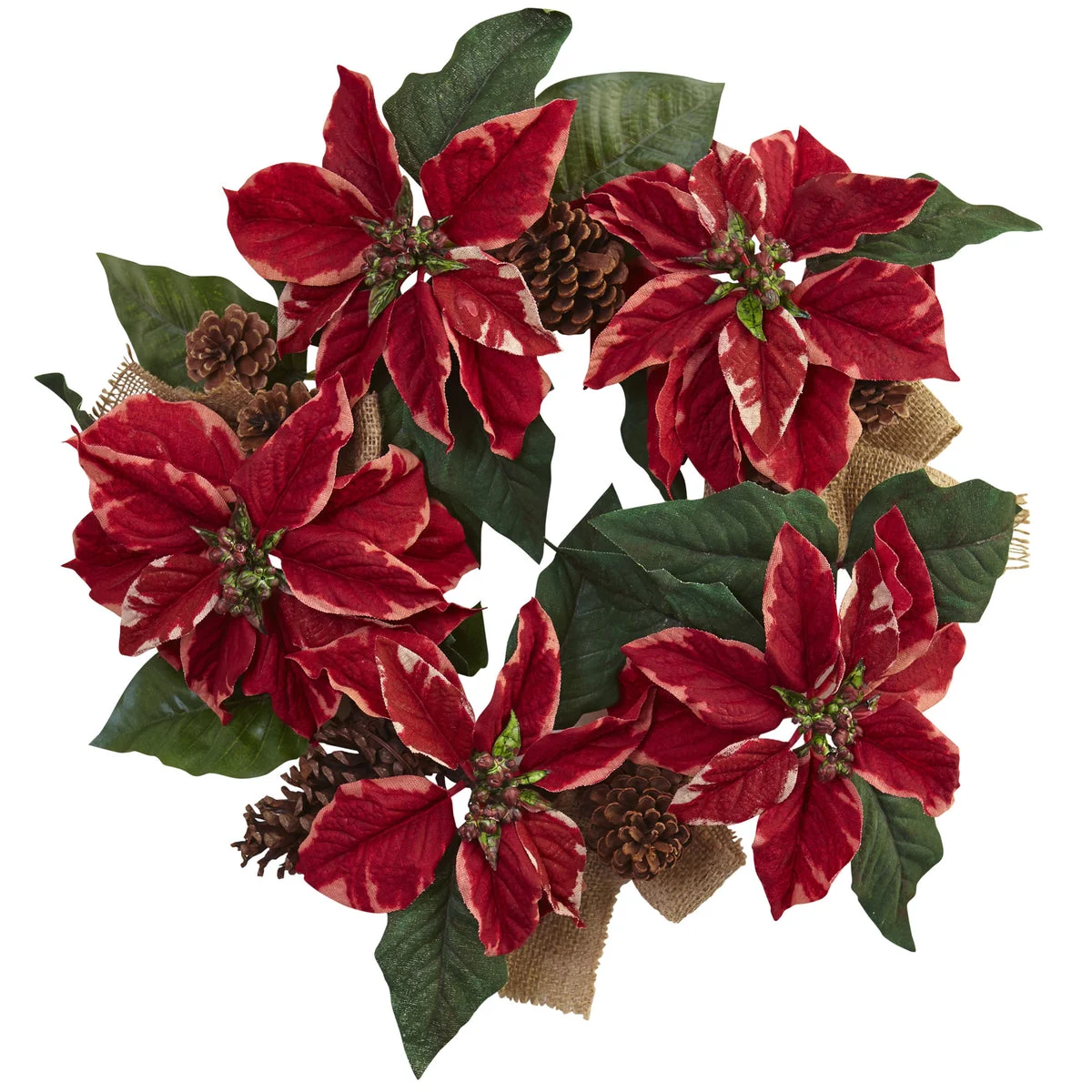 Nearly Natural 4871 22" Artificial Green & Red Poinsettia, Pine Cone & Burlap Wreath