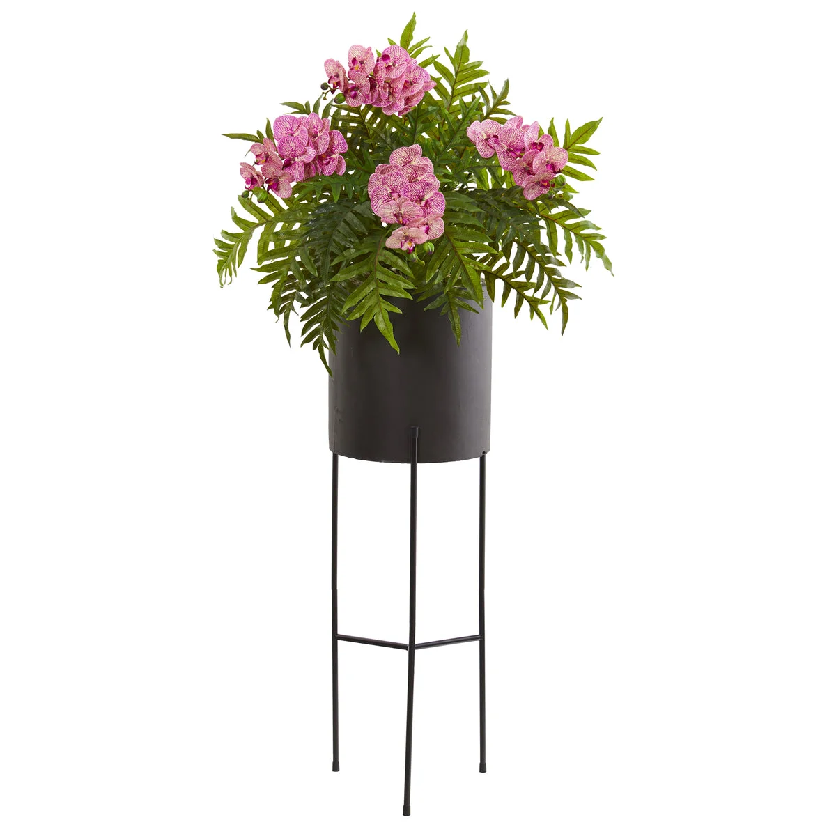 Nearly Natural 52`` Phalaenopsis Orchid and Hares Foot Fern Artificial Plant in Stand Black Planter