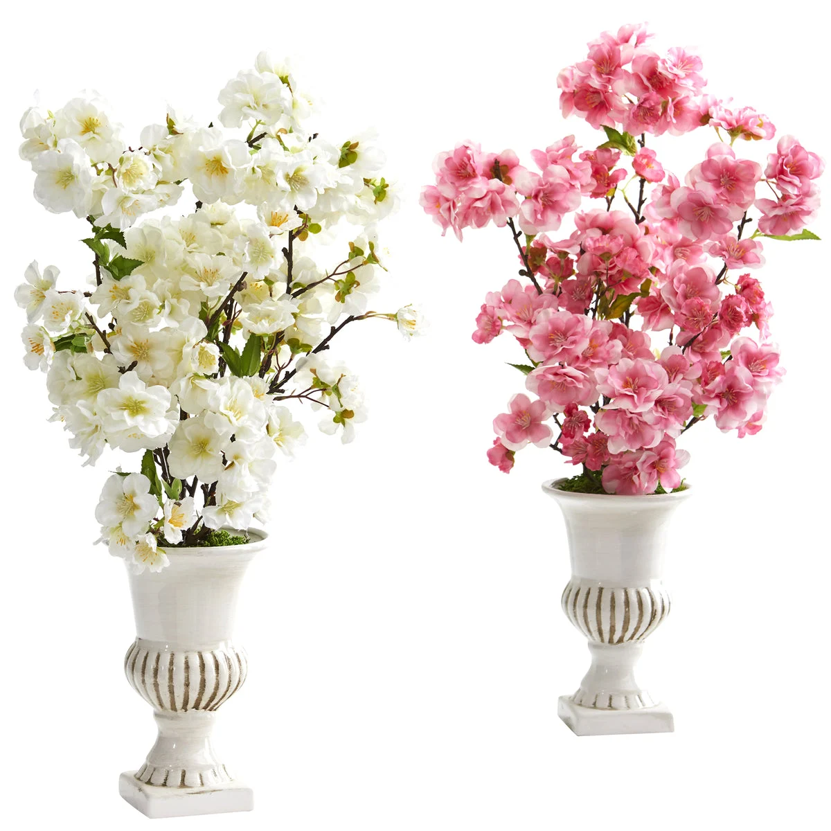 Nearly Natural 20`` Cherry Blossom Artificial Arrangement in White Urn (Set of 2)