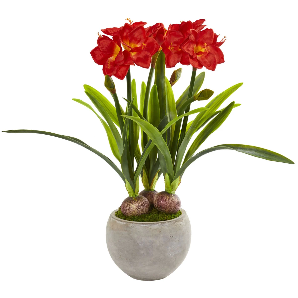 Nearly Natural Amaryllis Artificial Plant in Sandstone Bowl, Red