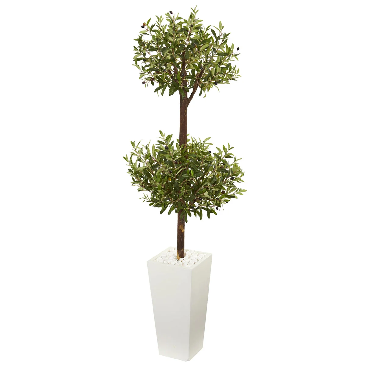Nearly Natural 5857 5.5' Artificial Green Olive Double Topiary Tree in White Tower Planter