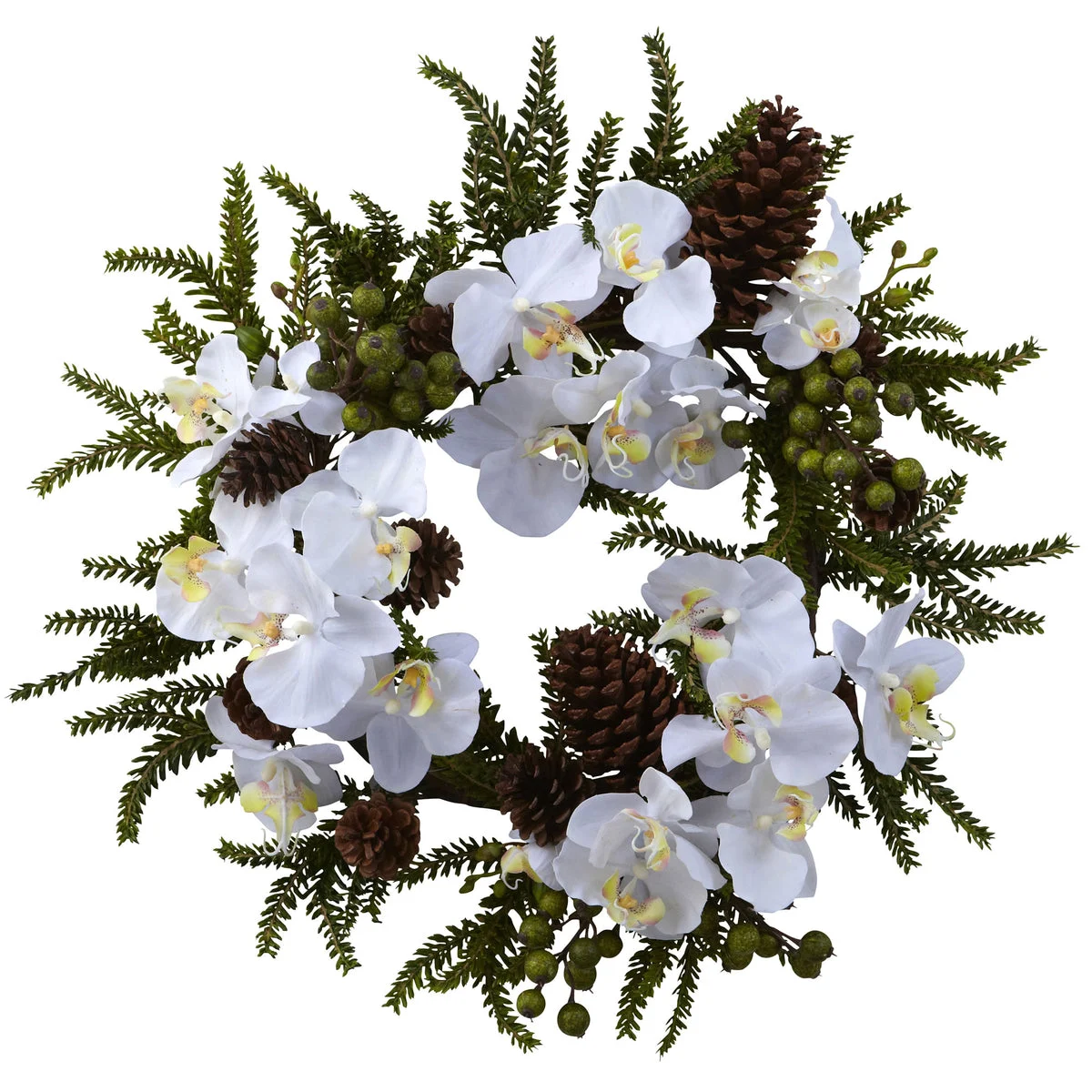 Nearly Natural 4945 22" Artificial Green & White Phalaenopsis & Pine Wreath
