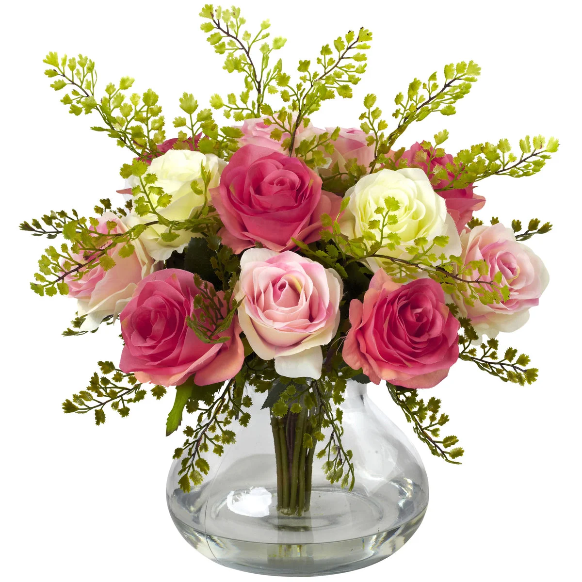 Nearly Natural Rose & Maiden Hair Arrangement w/Vase