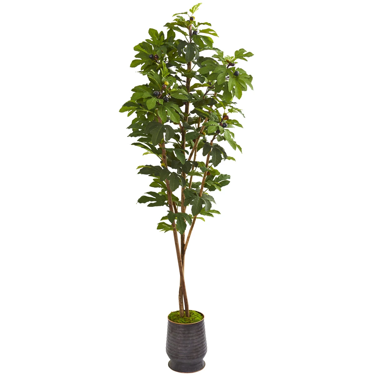 Nearly Natural 9673 88" Artificial Green Fig Tree in Ribbed Metal Planter
