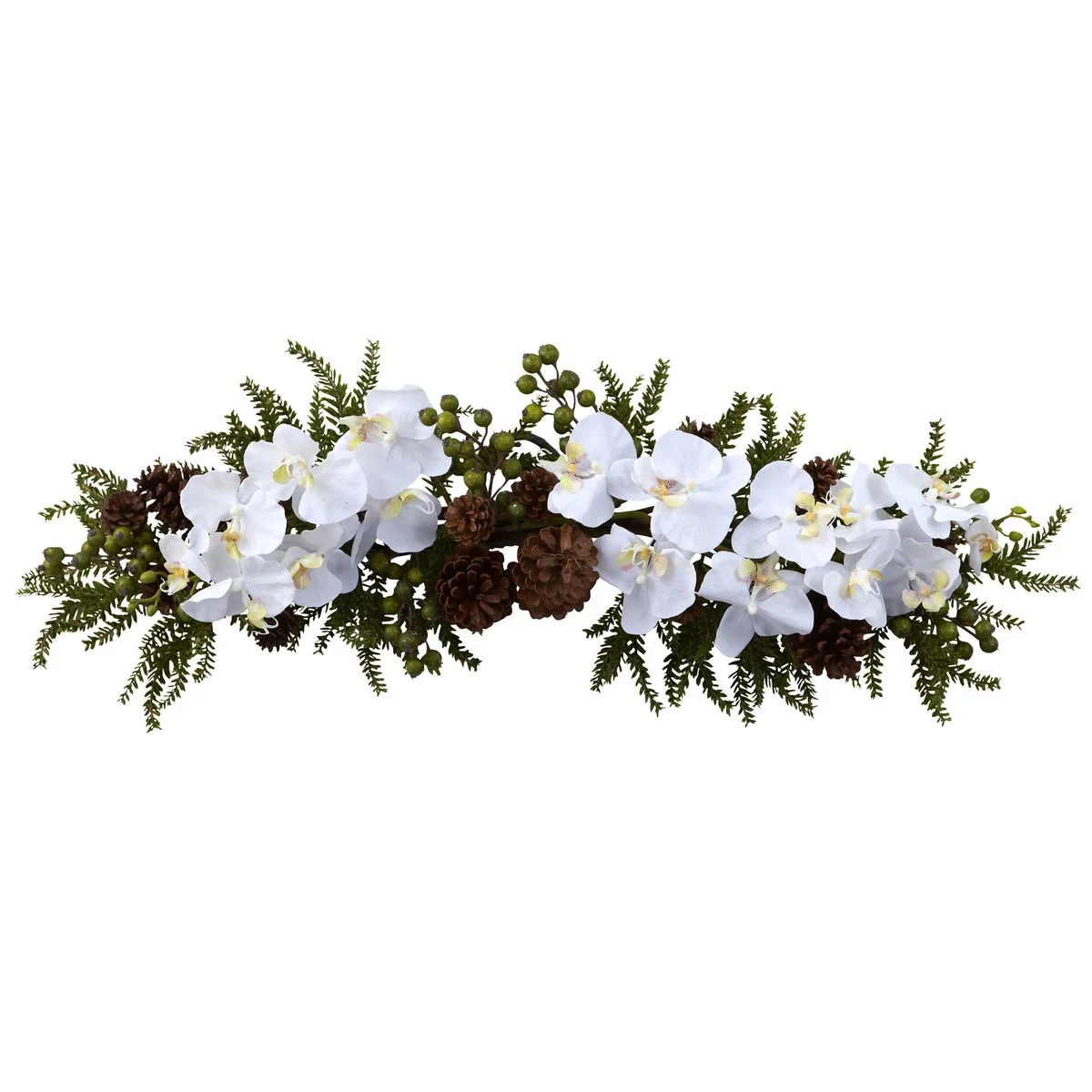Nearly Natural 4946 30" Artificial Green & White Phalaenopsis Orchid & Pine Swag