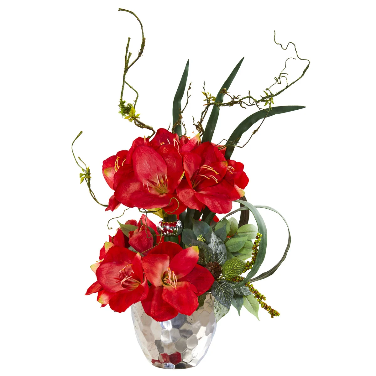 Nearly Natural 24`` Amaryllis and Mixed Greens Artificial Arrangement in Silver Bowl