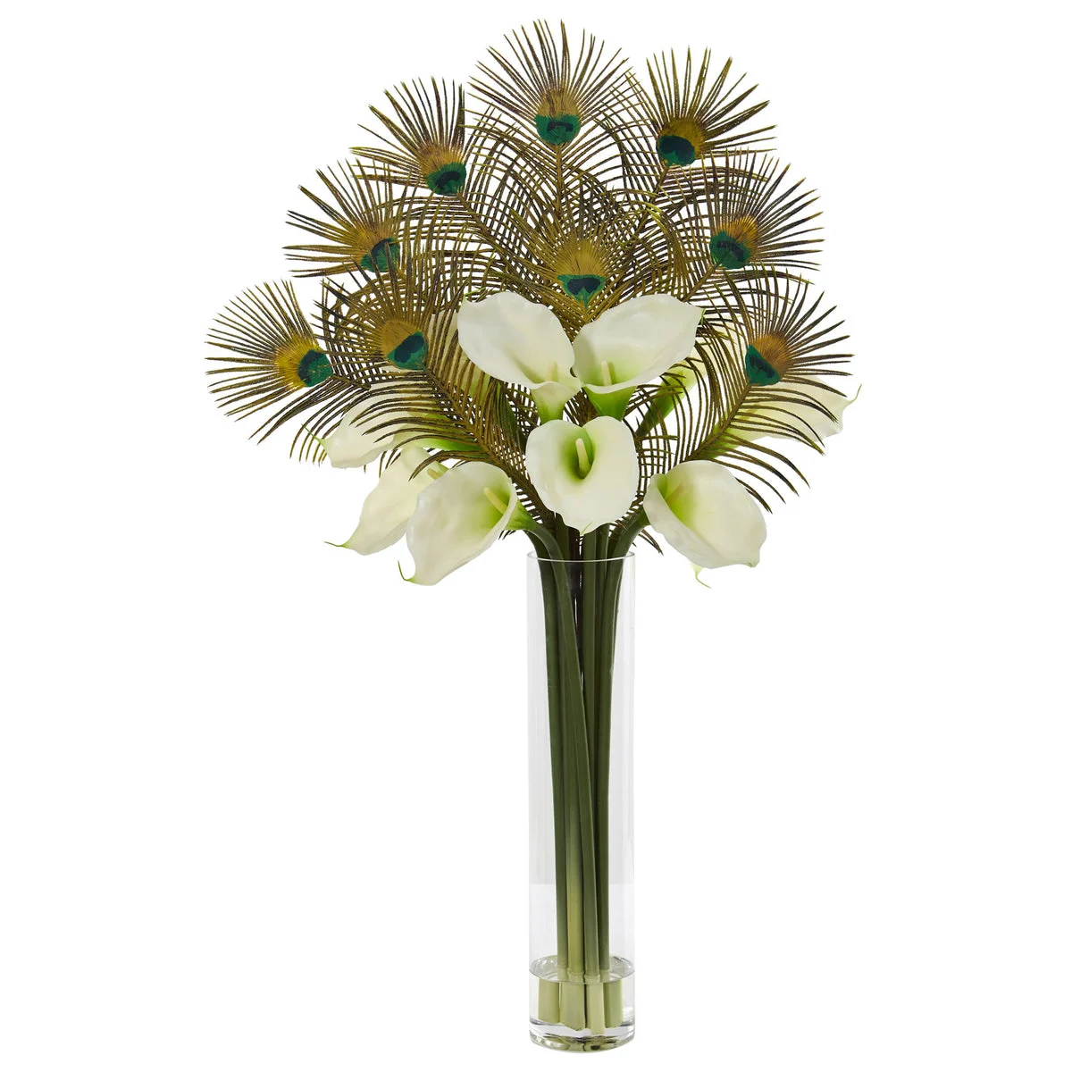 Nearly Natural 36`` Peacock and Calla Lily Artificial Arrangement in Cylinder Glass