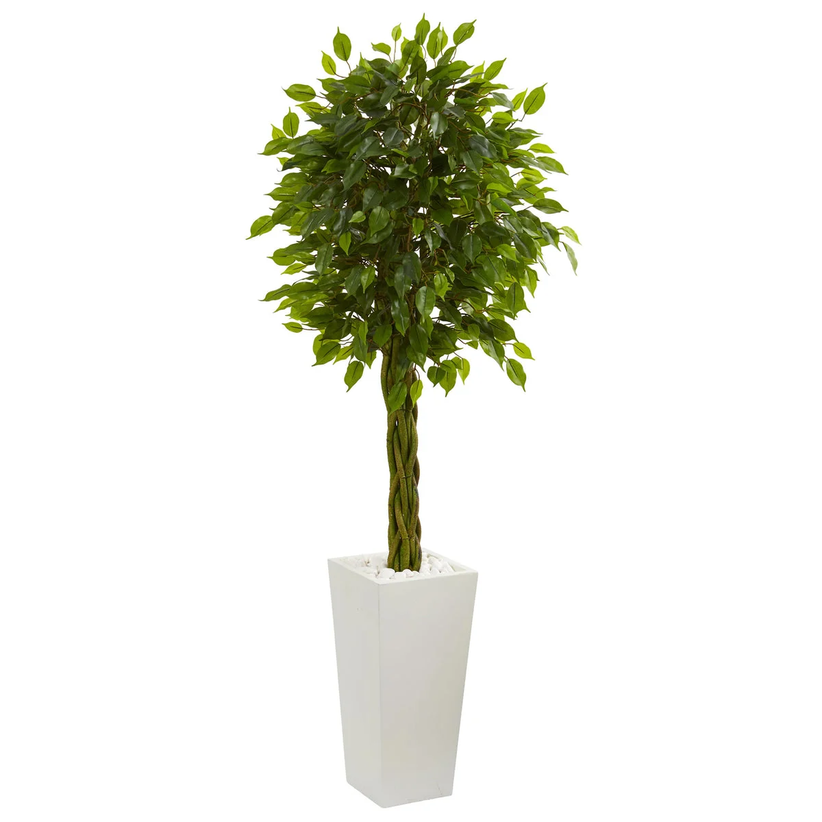 Nearly Natural 5724 5' Artificial Green Braided Ficus Tree in White Tower Planter, UV Resistant (Indoor/Outdoor)
